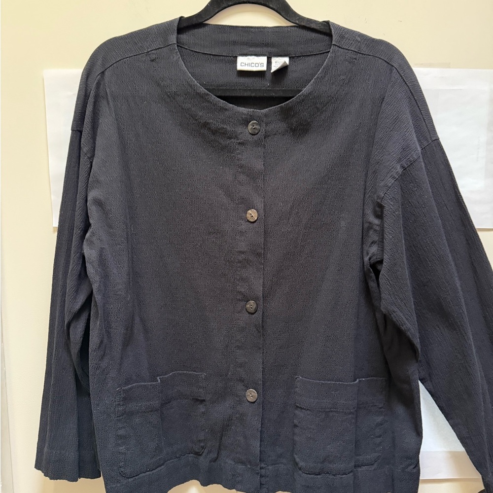 Chico's Black Crepe Button-Up Jacket. Chicos Size 2 (Size 10-14)